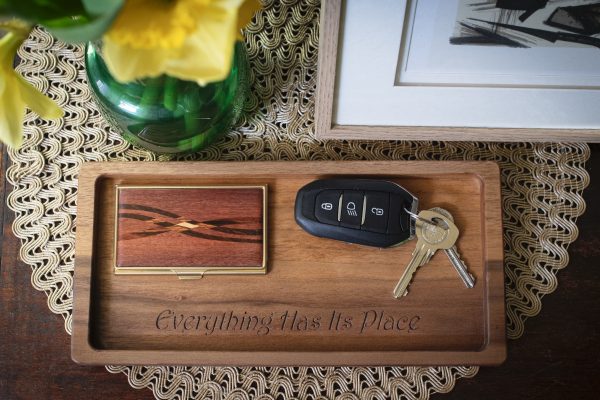 Walnut Catch All tray in use